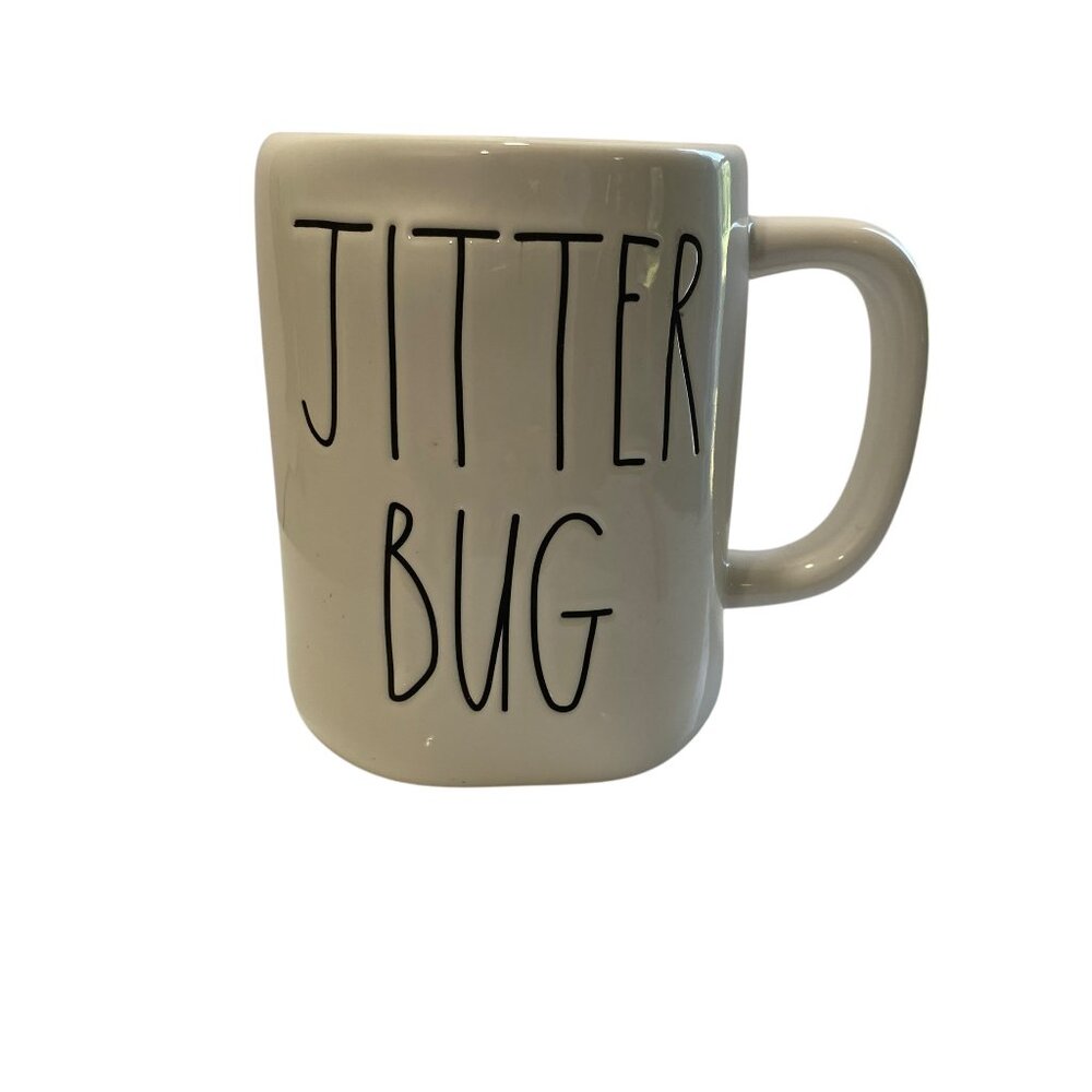Rae Dunn Collectible JITTER BUG Ceramic Coffee Mug White Farmhouse Tea New